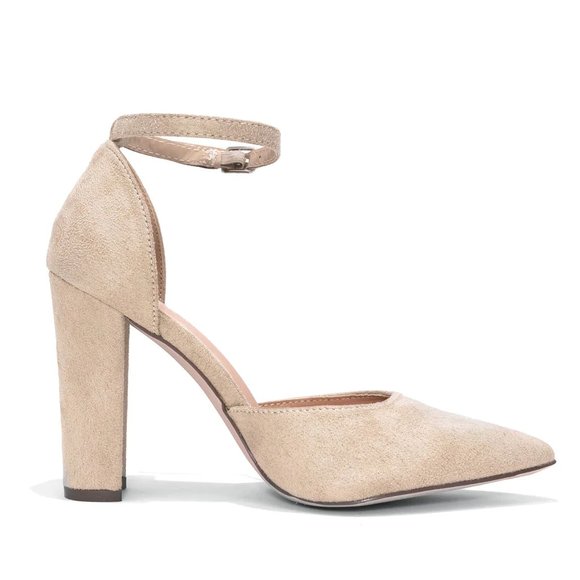 NEW MaryJane Ankle Strap Pointed Toe Chunky Heels Faux Suede Nude Size 10 NWT - Picture 3 of 10